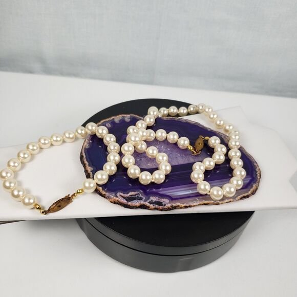 Vintage Knotted Faux Pearl Gold Tone Fish Hook Clasp 17"  Necklace & 7” Bracelet - Picture 15 of 16